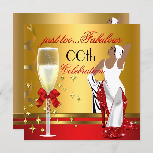 Deco Lady Red Gold Too Fabulous Birthday Party Invitation