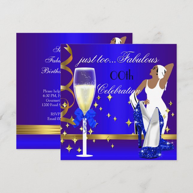 Deco Lady Royal Blue Gold Too Fabulous Birthday Invitation (Front/Back)