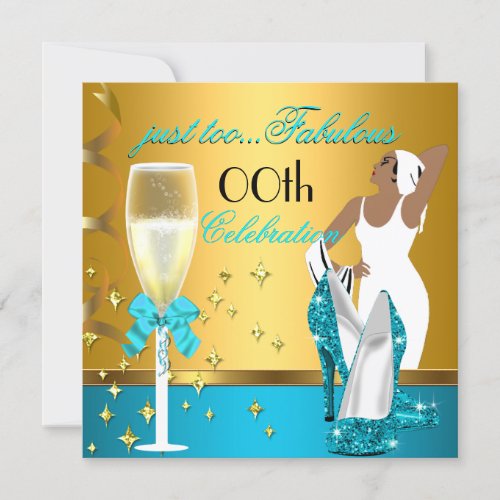 Deco Lady Teal Gold Too Fabulous Birthday Party Invitation