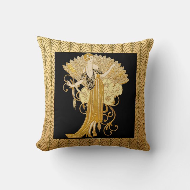 Deco Lady with the Fan Throw Pillow (Front)
