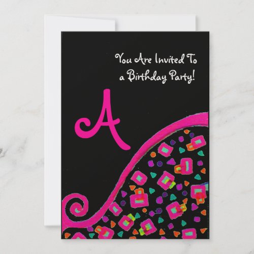 DECO MONOGRAM BIRTHDAY PARTY fuchsia black gold Invitation