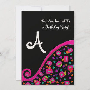 DECO MONOGRAM BIRTHDAY PARTY, fuchsia black gold Invitation