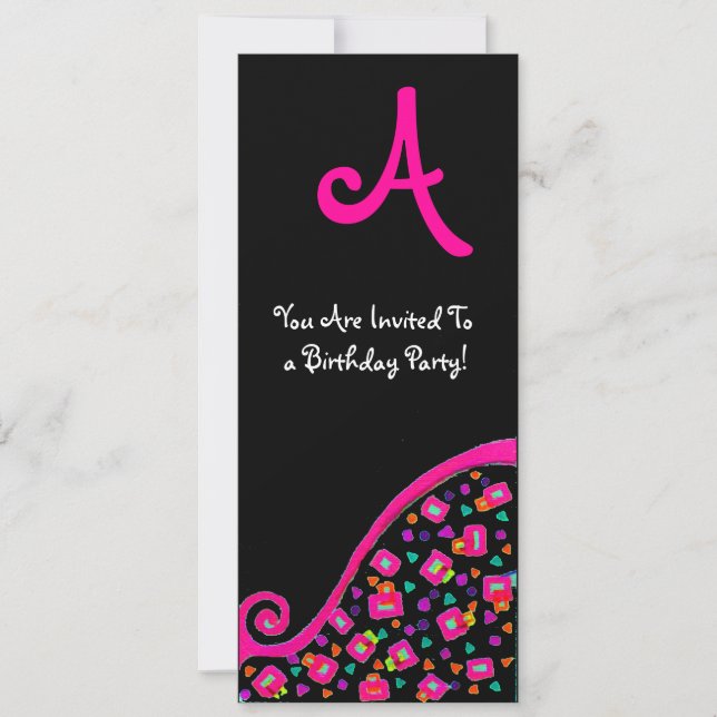 DECO MONOGRAM BIRTHDAY PARTY, fuchsia black silver Invitation (Front)
