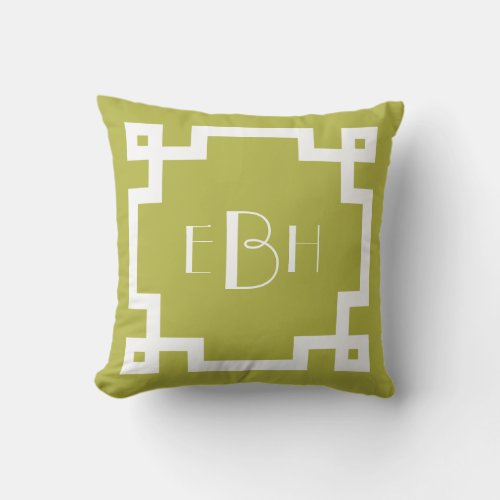 Deco Monogram Greek Key Border Apple Green Throw Pillow