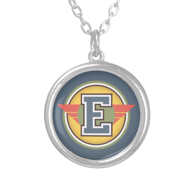 Deco Monogram Letter "E" Initial Silver Plated Necklace (Front)