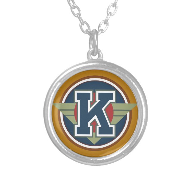 Deco Monogram Letter "K" Initial Silver Plated Necklace (Front)