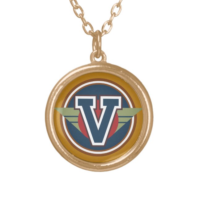 Deco Monogram Letter "V" Initial Gold Plated Necklace (Front)