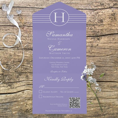 Deco Monogram Modern Periwinkle Purple QR Code All In One Invitation