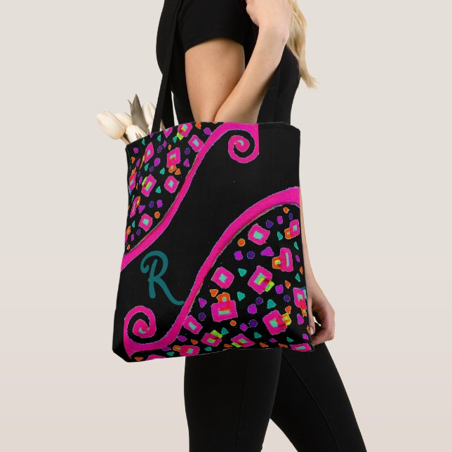 DECO Monogram Pink Blue Green Squares in Black Tote Bag (Close Up)