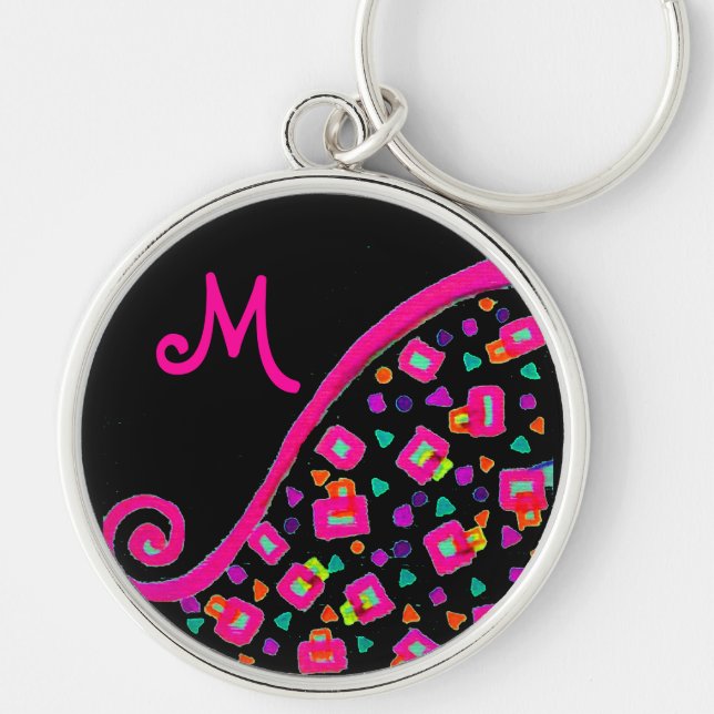 DECO MONOGRAM  Pink Fuchsia Yellow White Black Keychain (Front)