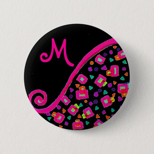 DECO MONOGRAM  Pink Fuchsia Yellow White Black Pinback Button (Front)