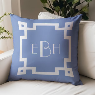 Deco Monogram White Greek Key Border Blue Throw Pillow