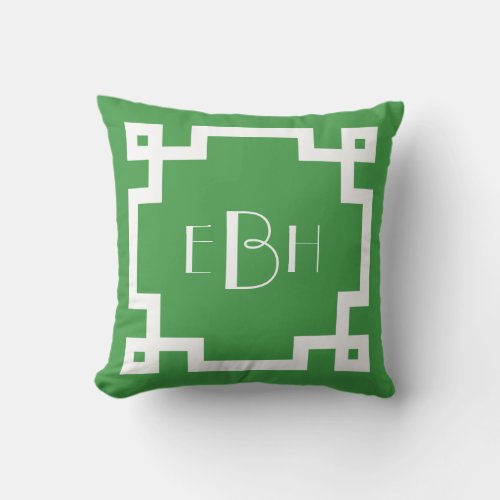 Deco Monogram White Greek Key Border Green Throw Pillow