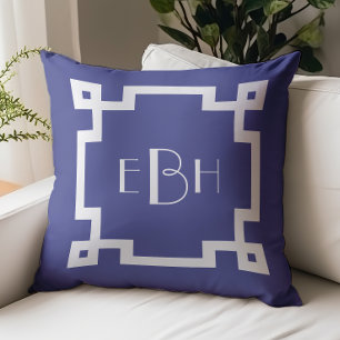 Deco Monogram White Greek Key Border Royal Blue Throw Pillow