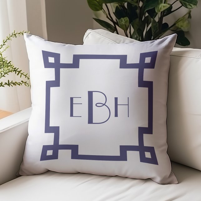 Deco Monogram White Navy Blue Greek Key Border Throw Pillow (Creator Uploaded)