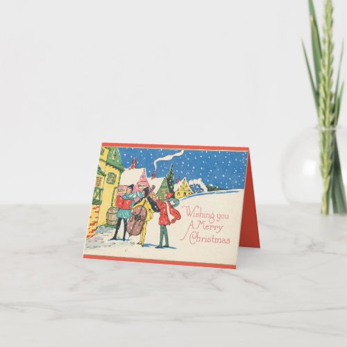 Deco musicians playing Christmas carols note card