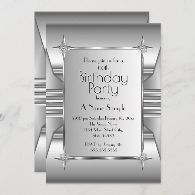 Deco Silver Chrome Metal image Birthday Party  Invitation (Front/Back)