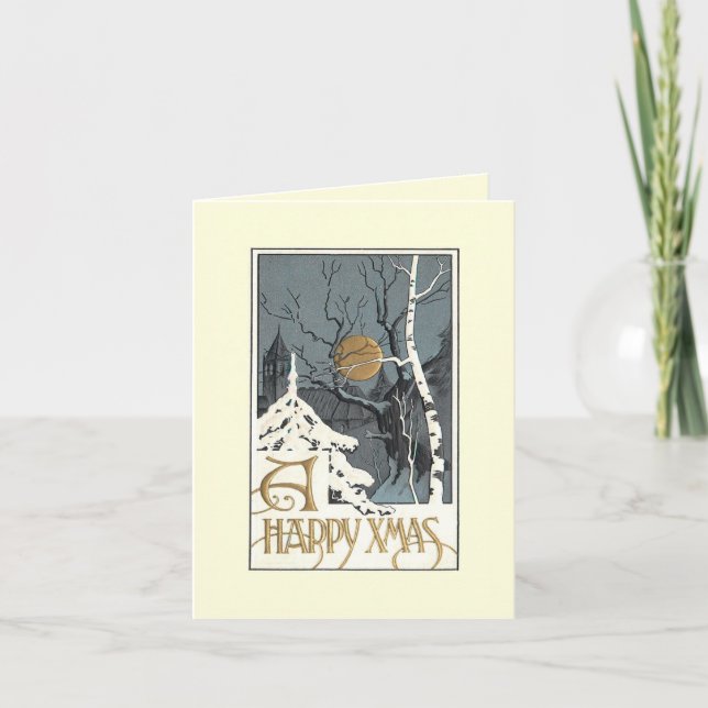 Deco Snowy Scene Moon Birch Tree Greeting Card (Front)