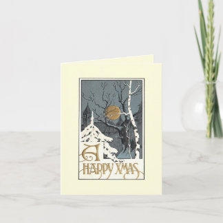 Deco Snowy Scene Moon Birch Tree Greeting Card