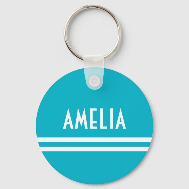 Deco Stripes Name Monogram White Bright Blue Keychain (Front)