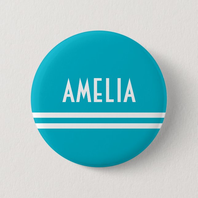 Deco Stripes Name Monogram White Bright Blue Pinback Button (Front)
