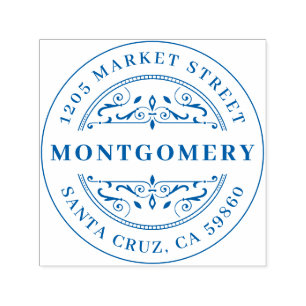 Deco Swirl Bold Family Name & Round Return Address Self-inking Stamp