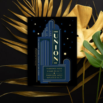 Deco Theater Sign Vintage Wedding Foil Invitation by beckynimoy at Zazzle
