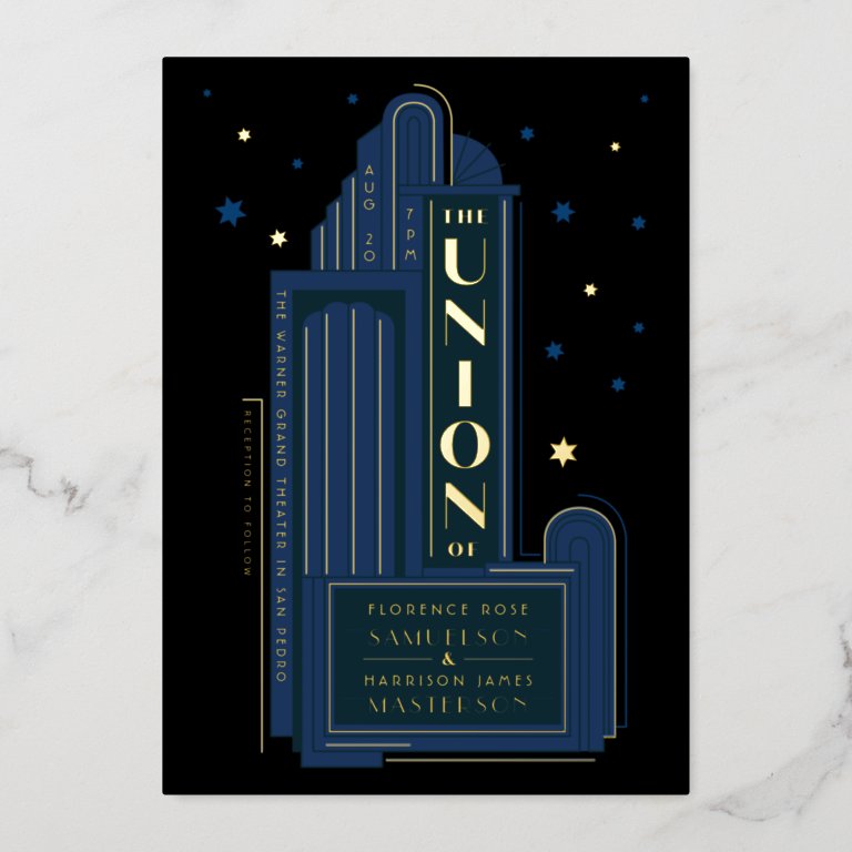 Deco Theater Sign Vintage Wedding Foil Invitation