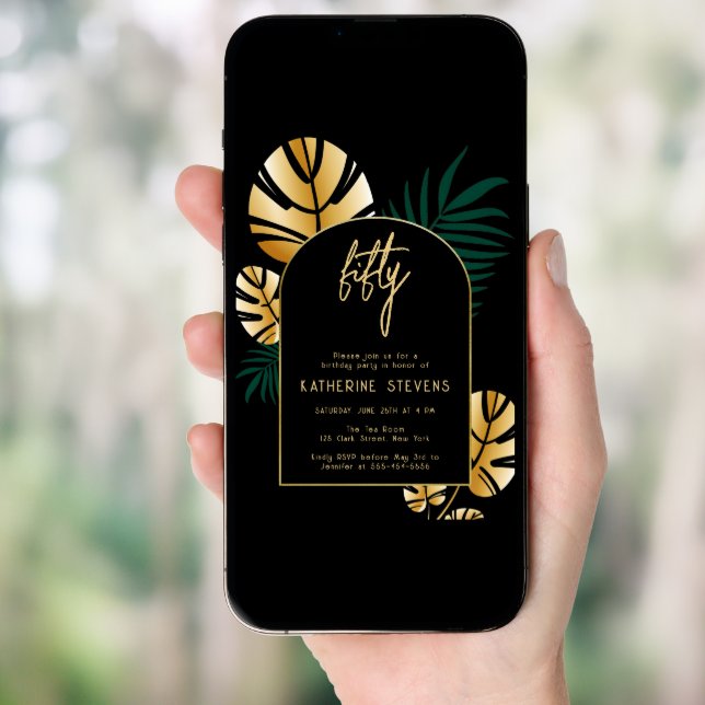 Deco Tropical Jungle Gold Boho Frame 50th Birthday Invitation (Front Digital)