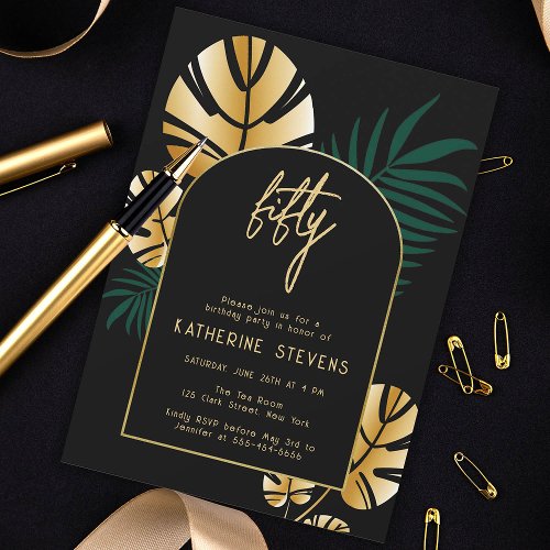 Deco Tropical Jungle Gold Boho Frame 50th Birthday Invitation