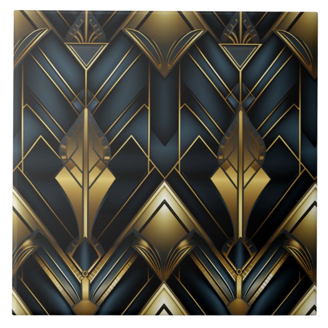 Deco Vintage Pattern, Gold Navy and Black Ceramic Tile (Front)