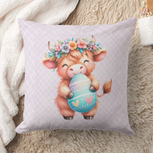 Decoccushions with an Easter Highland cow Throw Pillow (Blanket)