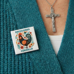 DeColores Cursillo Folk Art Black Rooster Faith Button