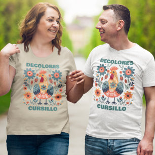 DeColores Cursillo Rooster Floral Folk Art Teal T-Shirt