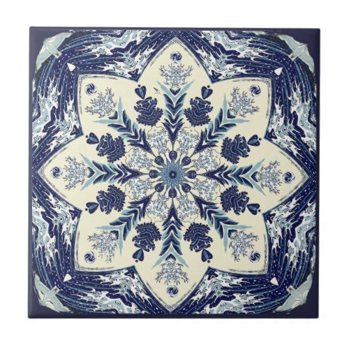 Deconstructed Great Blue Wave Mandala Ceramic Tile