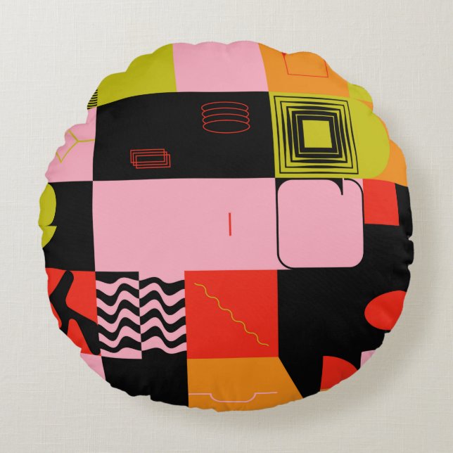 Deconstructed postmodern inspired artwork of abstr round pillow (Front)