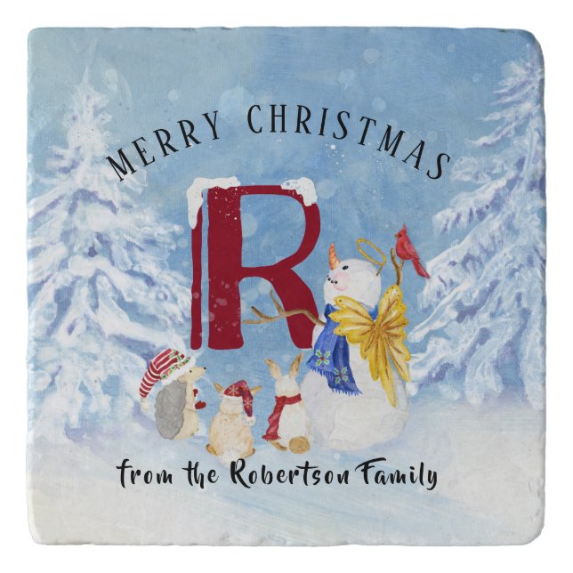 Decor Angel Snowman Christmas Woodland Animals Trivet (Front)