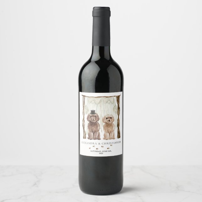 Decor Brown Cavapoo Dog Couples Wine Label (Front)