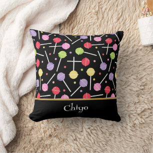 Decora Candy Lollipop Patterned Black Throw Pillow