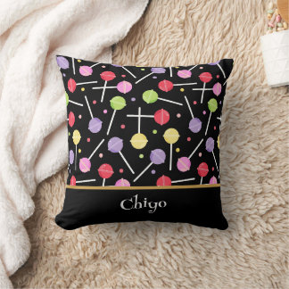 Decora Candy Lollipop Patterned Black Throw Pillow