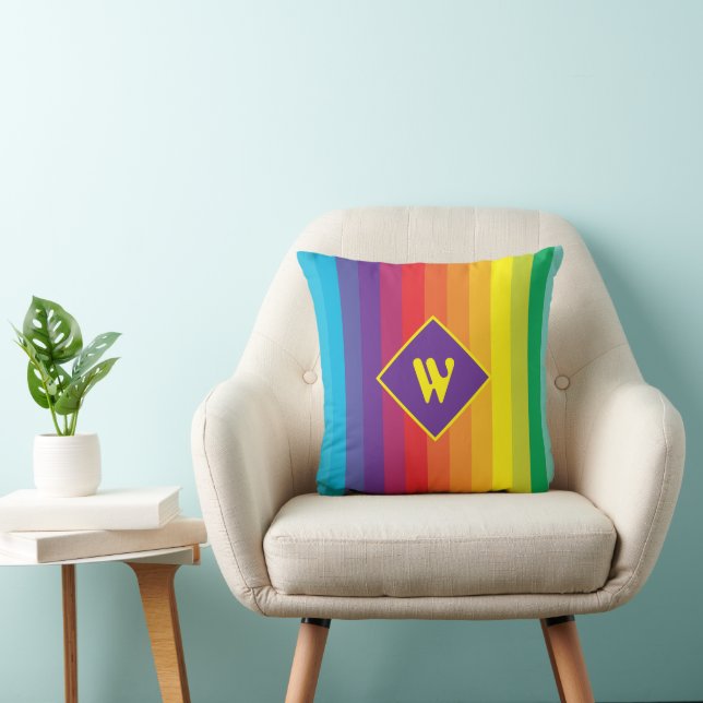 Decora Kei Bold Rainbow Striped Monogram Throw Pillow (Chair)