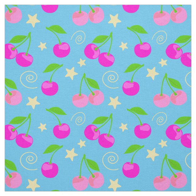 Decora Kei Cute Cherry Pattern on Blue Fabric (Swatch)