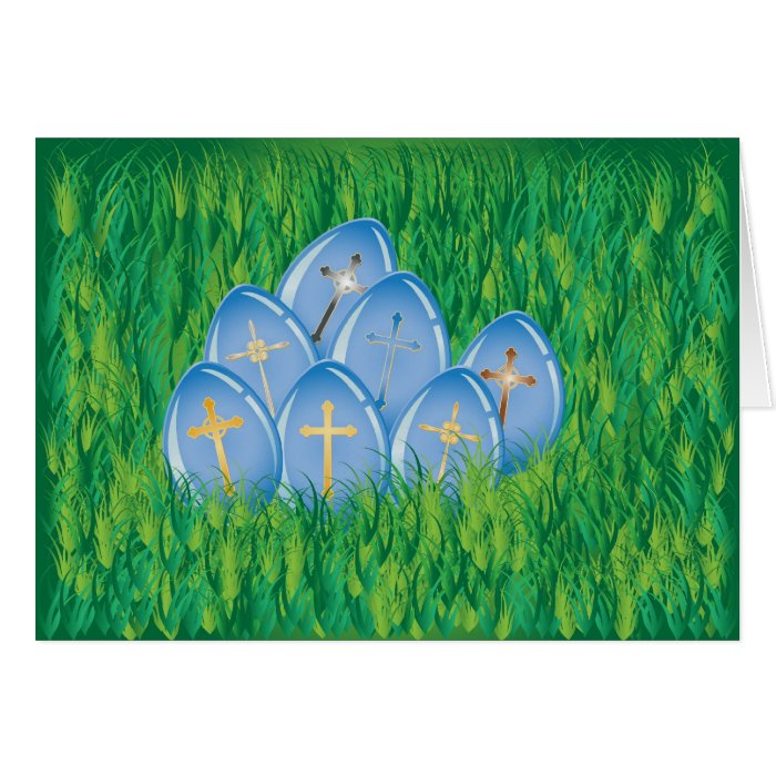 Decorated blue Easter eggs on grass Greeting Card