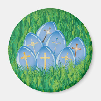 Decorated blue Easter eggs on grass Magnet