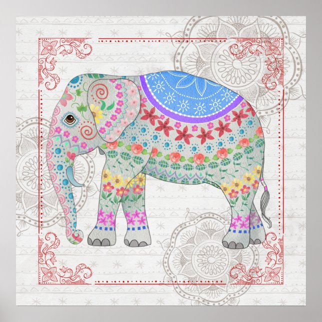 Decorated Boho Style Elephant Art Poster (Front)