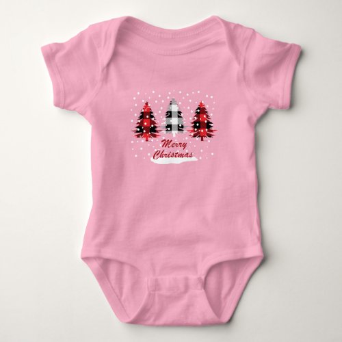 Decorated buffalo plaid christmas pine trees baby bodysuit