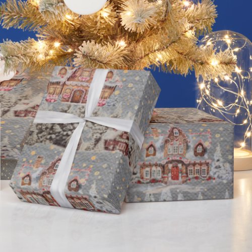 Decorated Christmas Homes in Snow Steel Gray Wrapping Paper