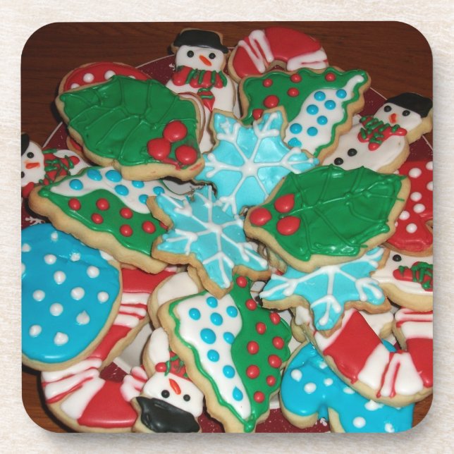 Decorated Christmas Sugar Cookies on Plate Beverage Coaster (Front)