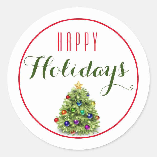 Decorated Christmas Tree Happy Holiday / White Classic Round Sticker (Front)