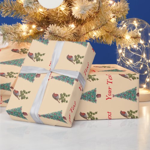 decorated christmas tree robin ivy leaves seasonal wrapping paper
